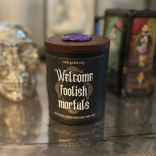 welcome foolish mortals halloween candle
