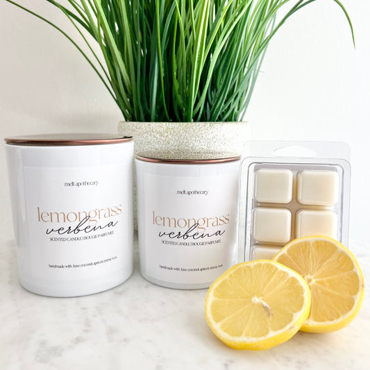 lemongrass verbena collection including the 7.5 and 12oz wooden wick candles and wax melts